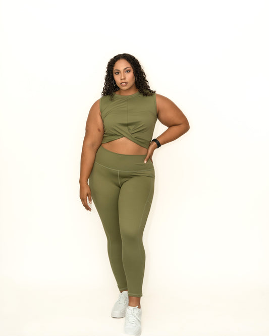 KHAKI GREEN SLEEVELESS TWIST CROP