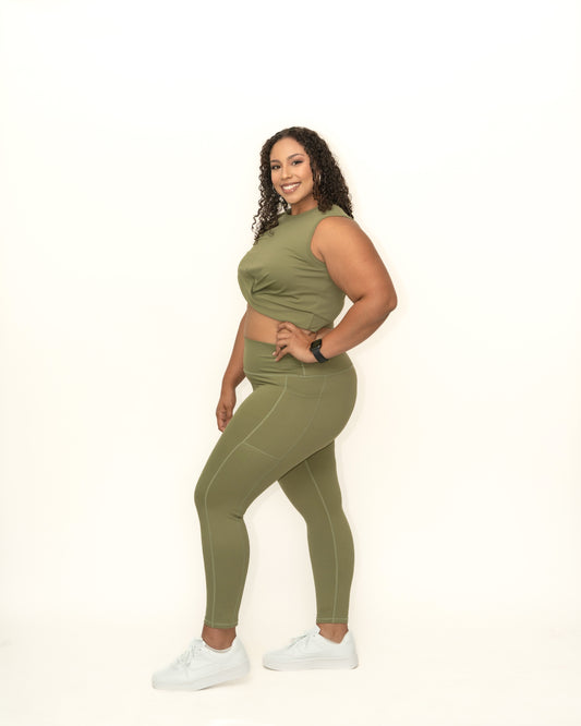 KHAKI GREEN SLEEVELESS TWIST CROP